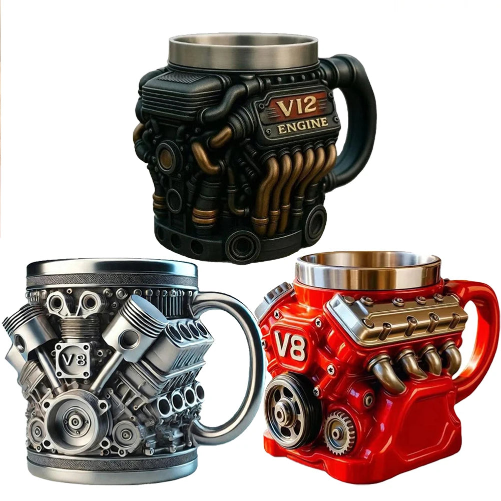 Edelstahl-Kaffeebecher Mug V8-Motoren-Motiv Kaffeetasse Becher Tasse Geschenk