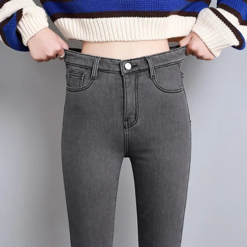 Damen Winter Warm Thermo Jeans Hose Innenfleece Stretch Hosen Leggins Denim