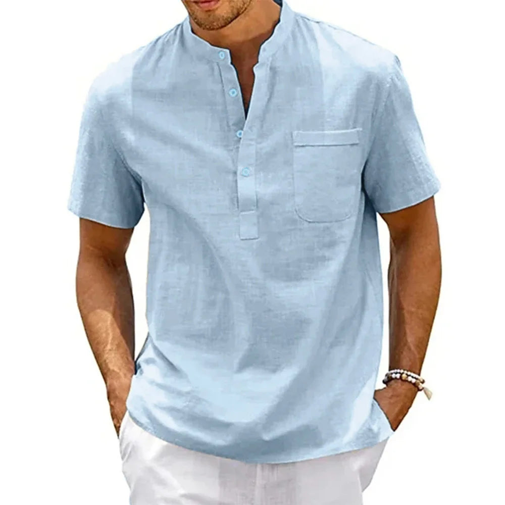 Herren Hemd Poloshirt Leinenhemd Kurzarm T-Shirt Leinen Polohemd Freizeithemd
