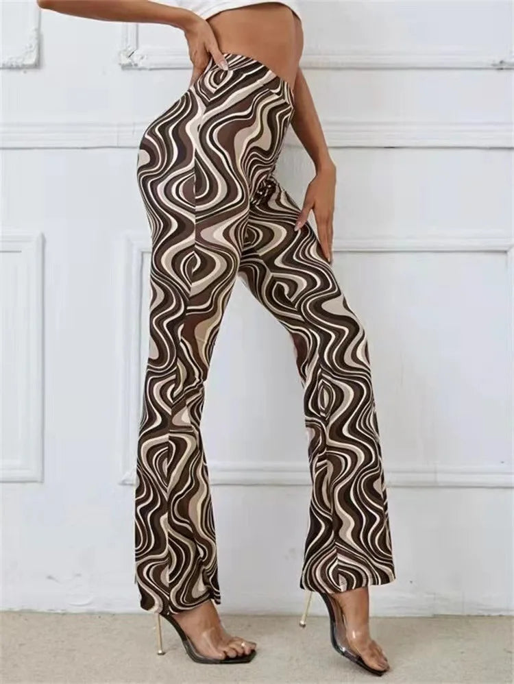 Damen Yoga Hose Bootcut Hüftjeans Schlaghose Flared Leggins Flower Power Retro