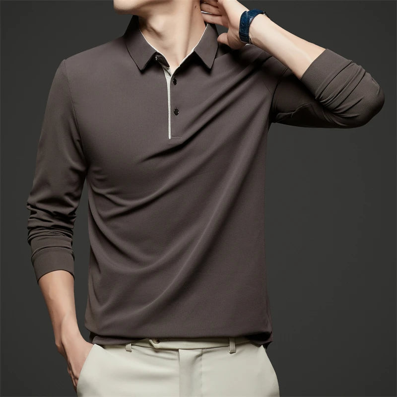 Neues Herren-Poloshirt, Business-Casual, langärmelig, einfarbig, modisch, warm, bequem, vielseitiges Oberteil für vier Jahreszeiten