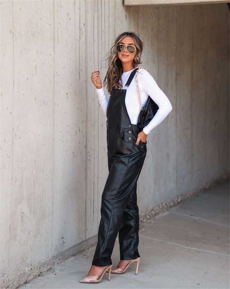 Damen Fashion Hose Latzhose Schlaghose PU Lederhose Flare Trägerhose Overall