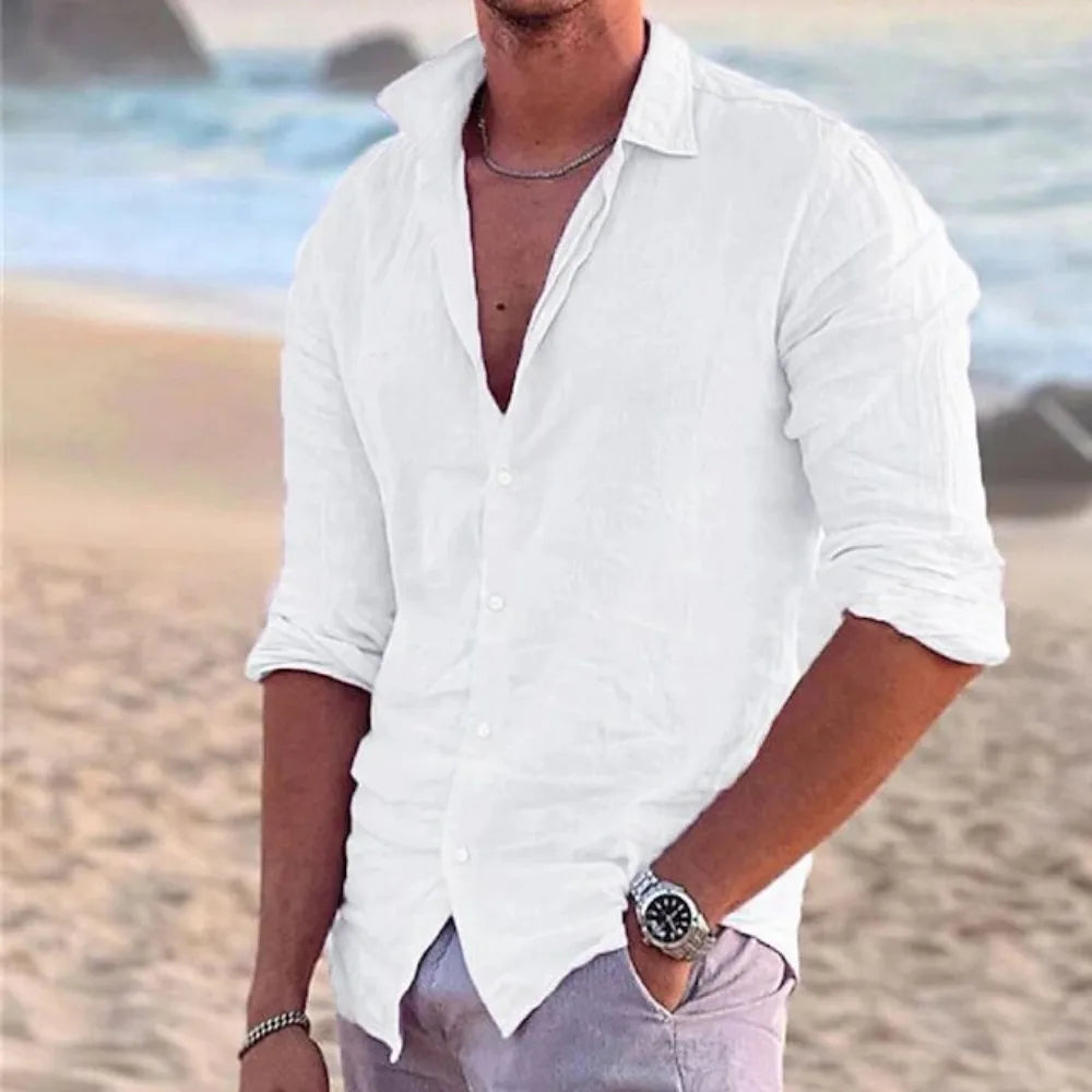 Herren Hemd Poloshirt Leinenhemd Langarm T-Shirt Leinen Polohemd Freizeithemd