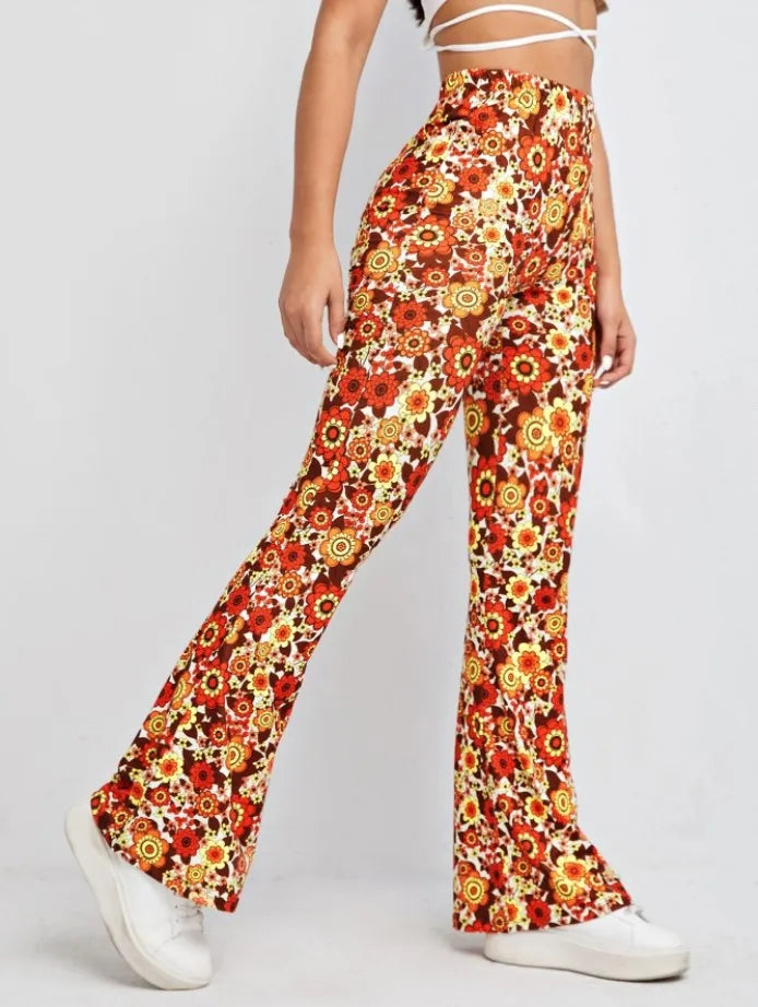 Damen Yoga Hose Bootcut Hüftjeans Schlaghose Flared Leggins Flower Power Retro