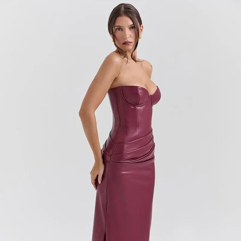 Frauen PU Leder Kleid rückenfreies Partykleid Trägerlos Abendkleid Cocktailkleid