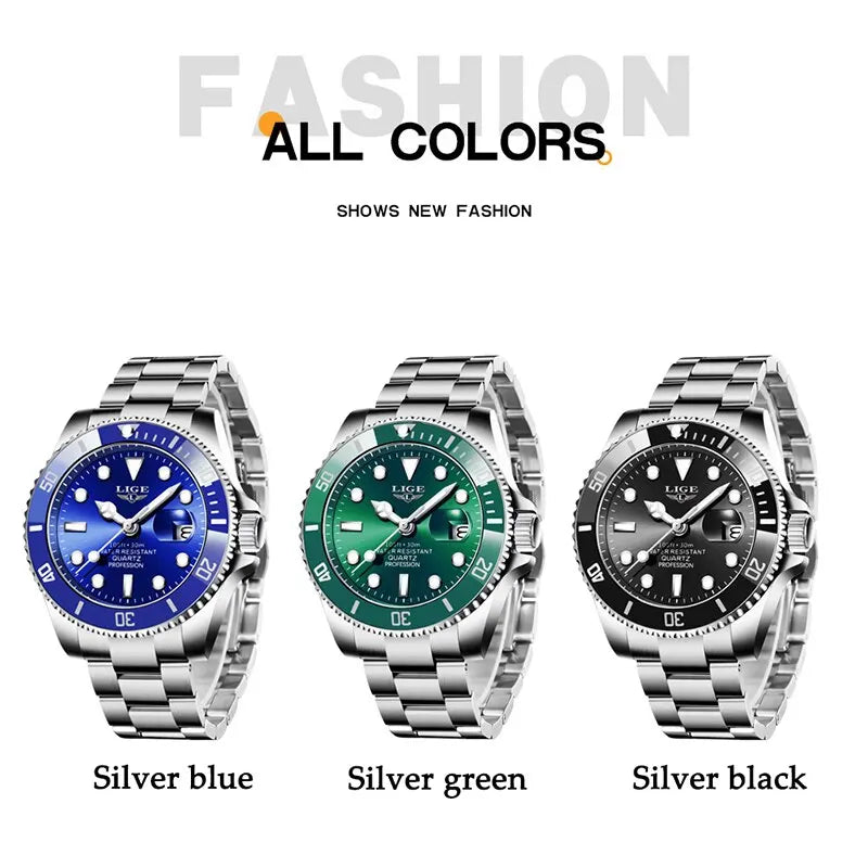 Herren Armbanduhr Silber Grün Edelstahl Uhr Quarzuhr Luxus Chronograph Business