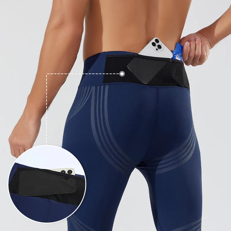 (S-2XL) Herren-Lauf-Kompressionsstrumpfhose, hochelastisch, schnell trocknend, Trainingshose mit Netztasche auf der Rückseite, Fitnessstudio, Training, enge Sporthose