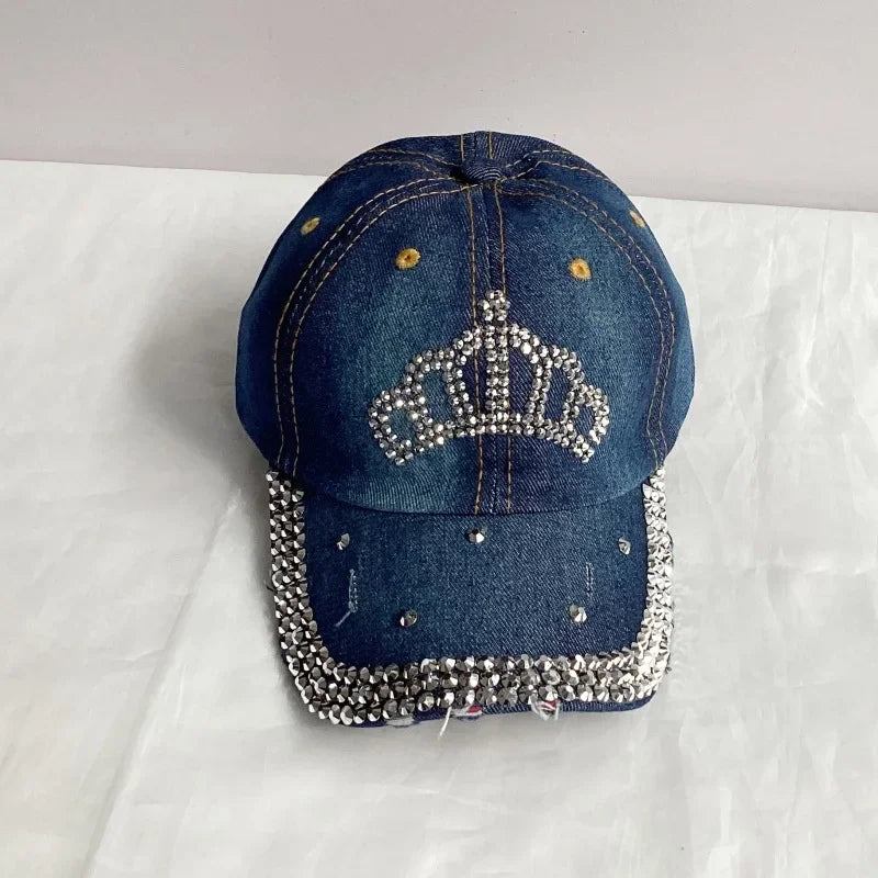 Jeans Basecap Cappy Denim Look Cap Kappe LOVE Strass gebogen Herren Damen