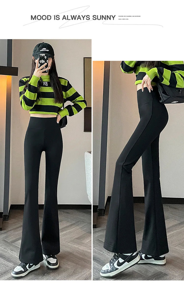 Hohe Taille, mit Fleece gefüttert, Bootcut-Yogahose, Damen-Oberbekleidung, Frühling, Herbst, Winter, schlankmachend, schwarz, Bauchkontrolle, lässig, Hai...