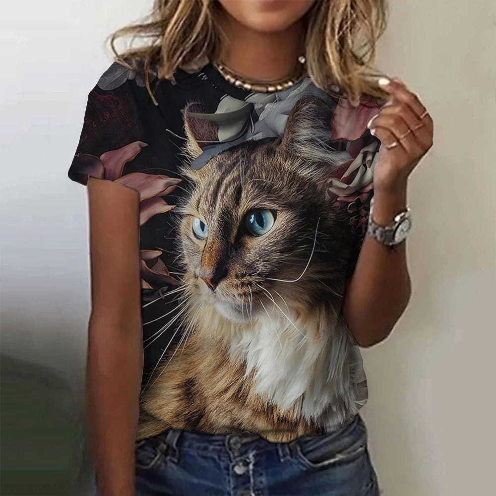 Damen Sommer Top 3D Katzen T-Shirt Rundhals Streetwear lockeres Damentop Bluse