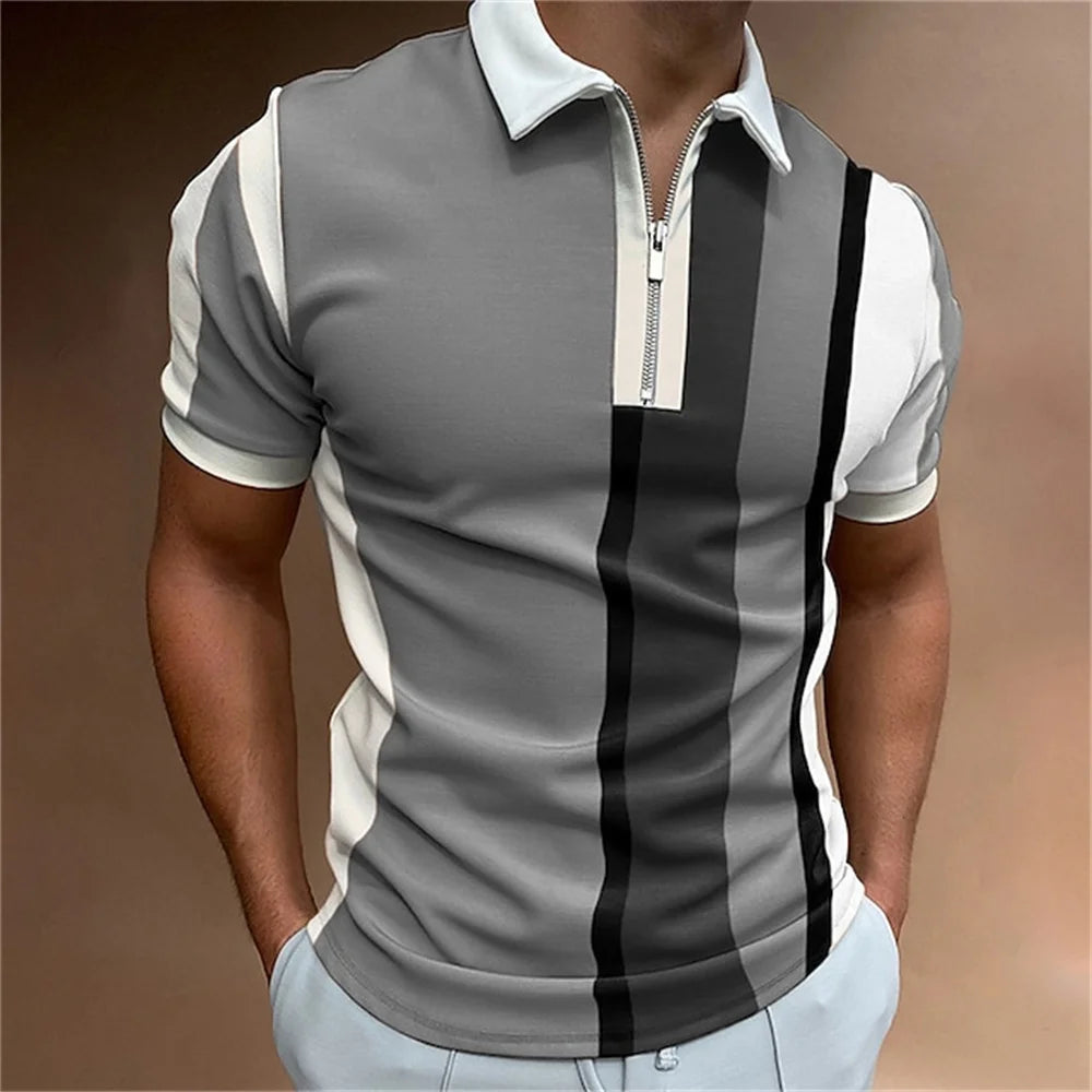 Herren Poloshirt POLO Shirt Zip Kontrast Kragen Kurzarm Slim Fit Hemd Polohemd