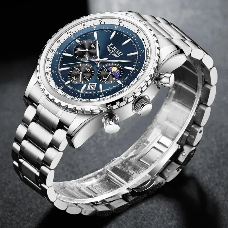 Herren Armbanduhr Silber Gold Edelstahl Fashion Quarz Uhr Chronograph Business