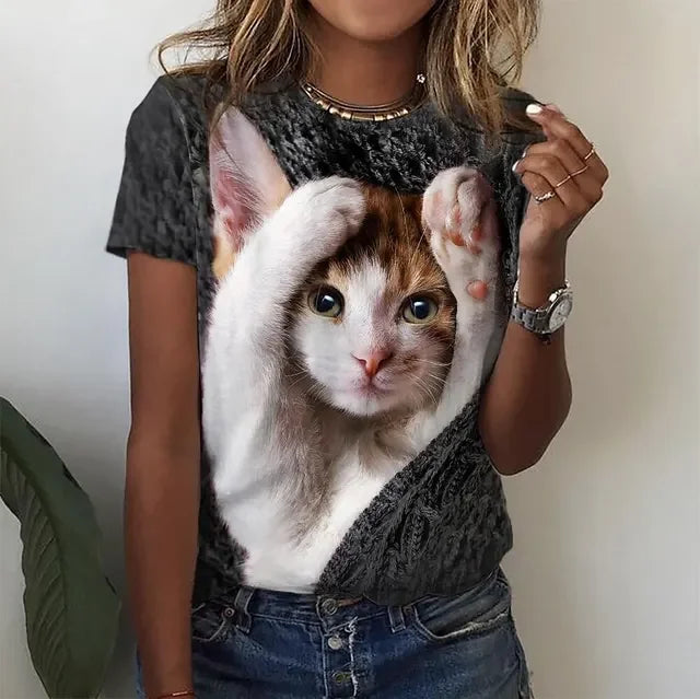 Damen Sommer Top 3D Katzen T-Shirt Rundhals Streetwear lockeres Damentop