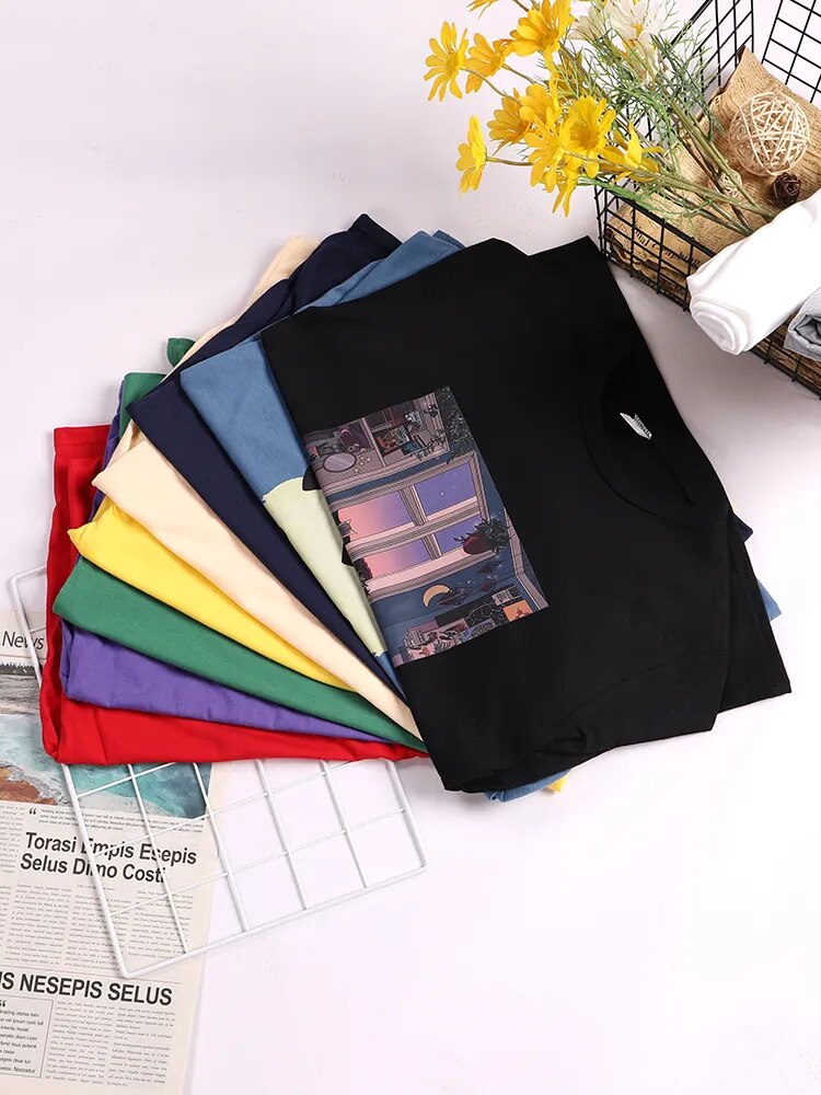 Damen Sommer Top Van Gogh Hipster T-Shirt Rundhals Streetwear lockeres Damentop