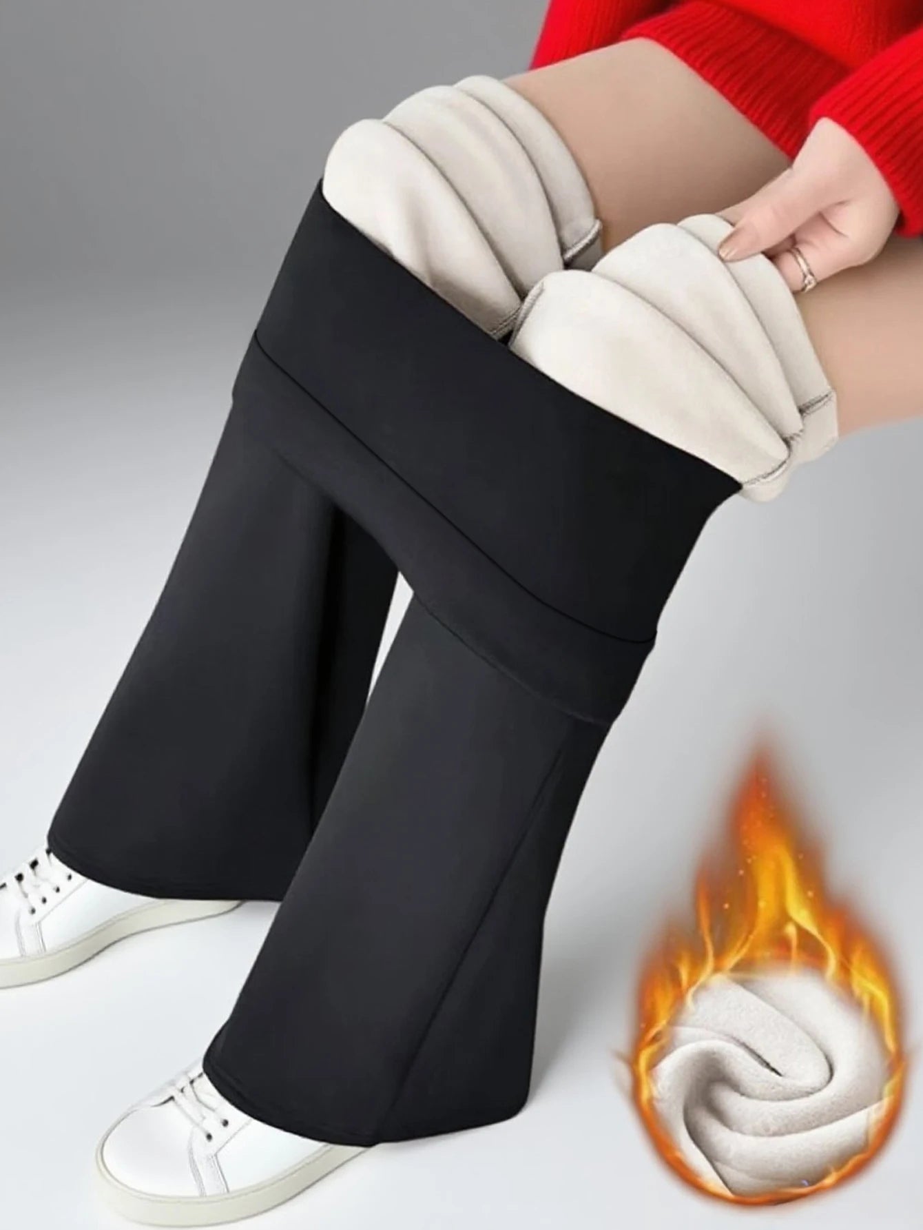 1 Paar schwarze, mit Wolle gefütterte Schlaghose für Damen – dicke Winterhose mit Plüschfutter, warme, enge Hose mit Plüschfutter