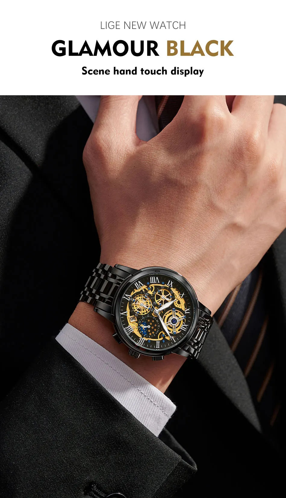 Herren Armbanduhr Silber Schwarz Edelstahl Quarzuhr Luxus Chronograph Business