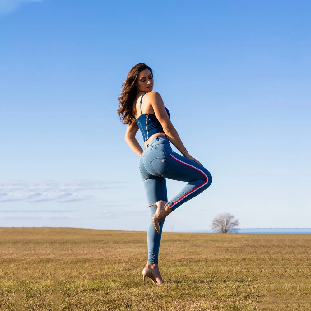 Damen Leggins Denim Look Leggings Sexy Push Up Jeans Hose Jeanshose Stretchhose