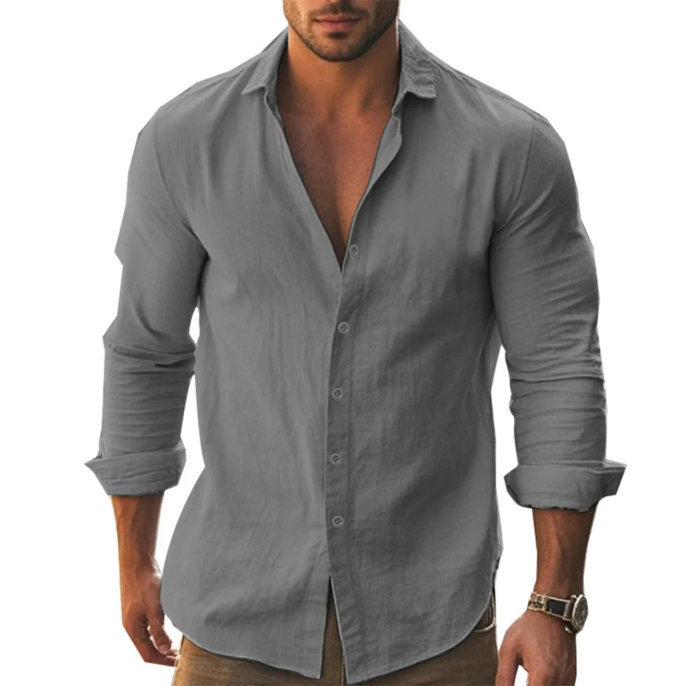 Herren Poloshirt Leinenhemd Langarm T-Shirt Leinen Hemd Polohemd Freizeithemd