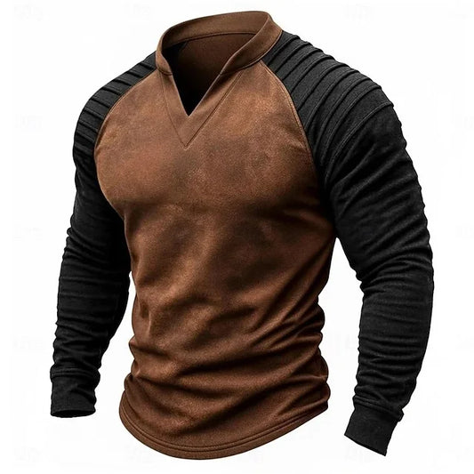 Herren Langarm T-Shirt Raglan Ärmel Patchwork Wildleder Casual Freizeit