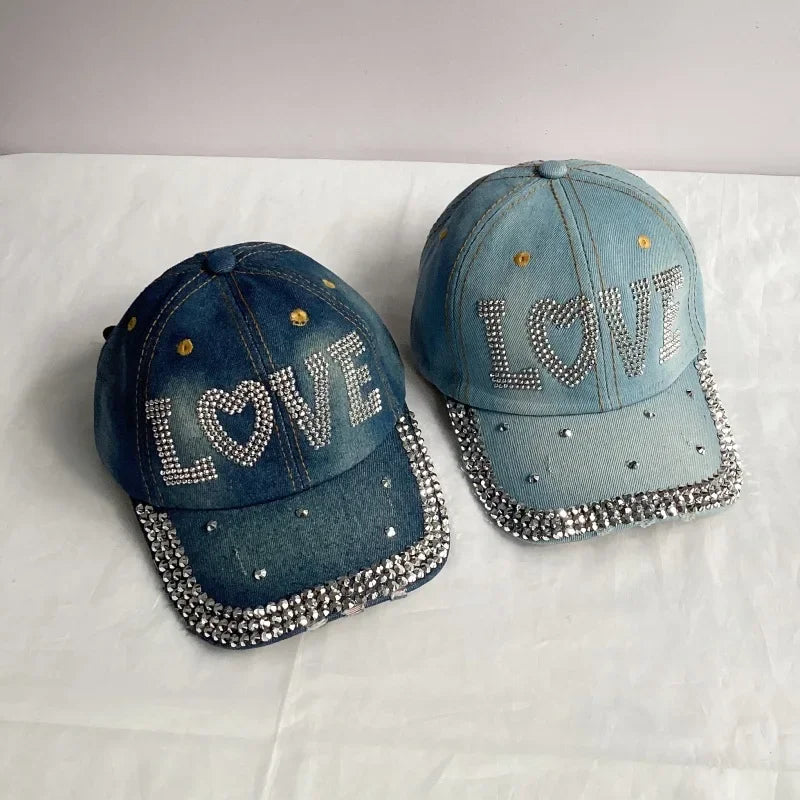 Jeans Basecap Cappy Denim Look Cap Kappe LOVE Strass gebogen Herren Damen