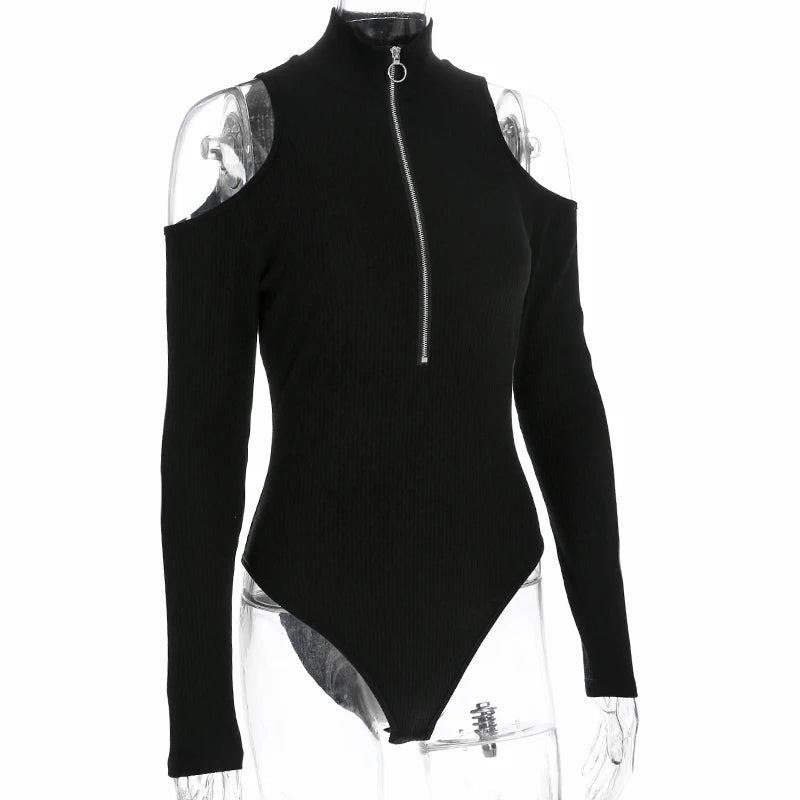 Damen Body Bluse Reißverschluss Langarm Shirt Frau Top mit Cut Out Hemd