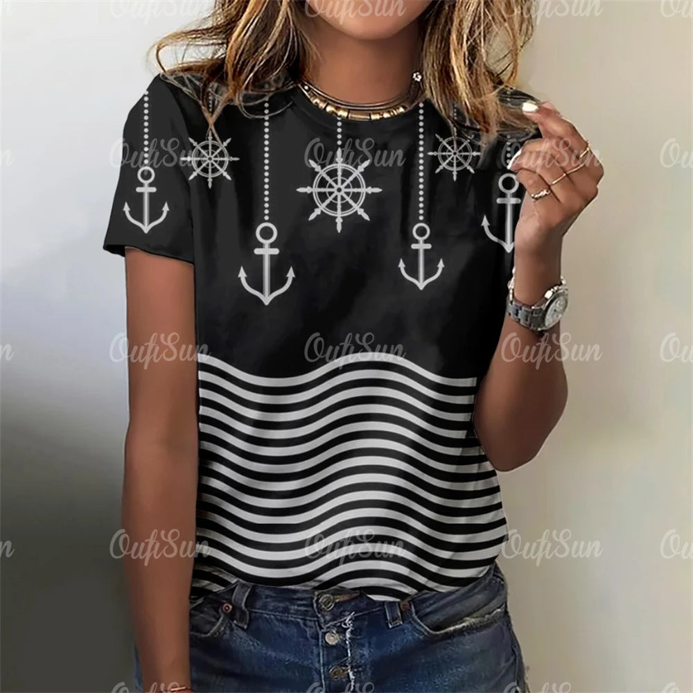 Damen Sommer Top Anker T-Shirt Rundhals Streetwear lockeres Damentop Anker-Motiv