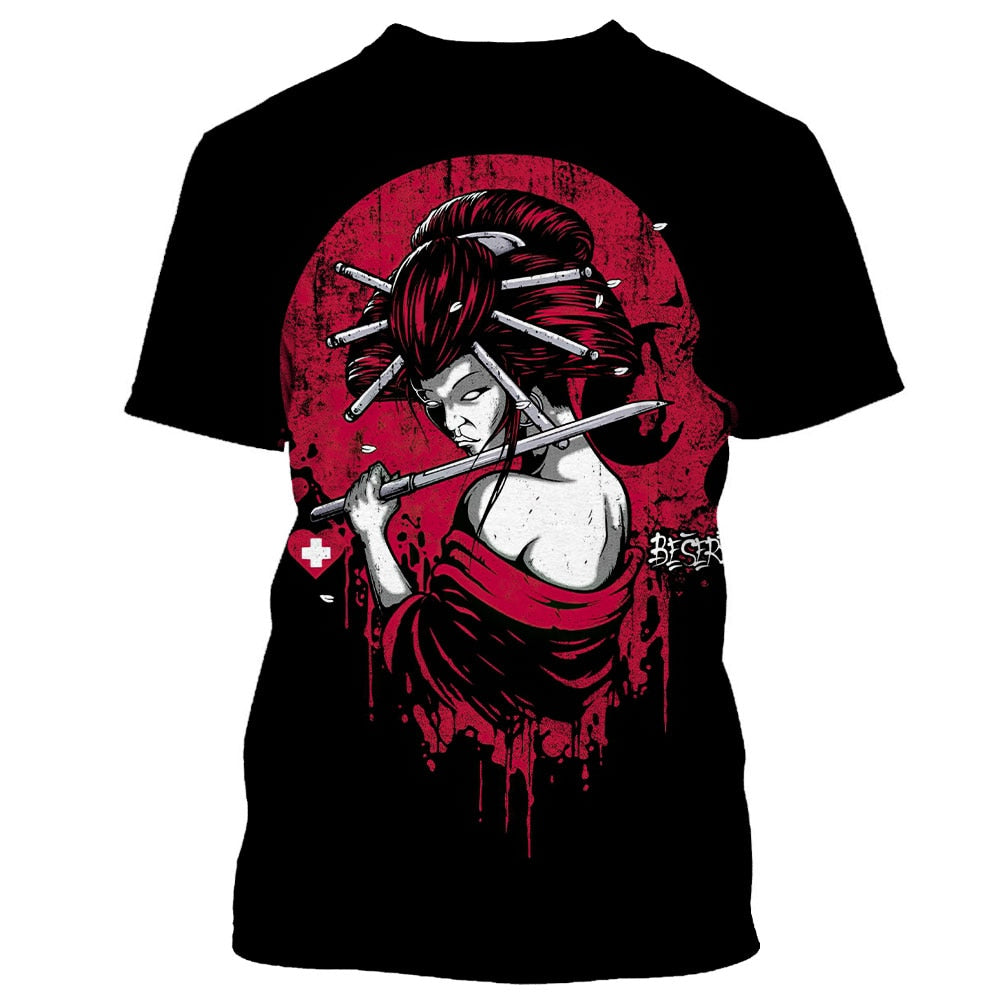 Herren Japan Geisha 3D T-Shirt Rundhals Unisex Sommer Streetwear