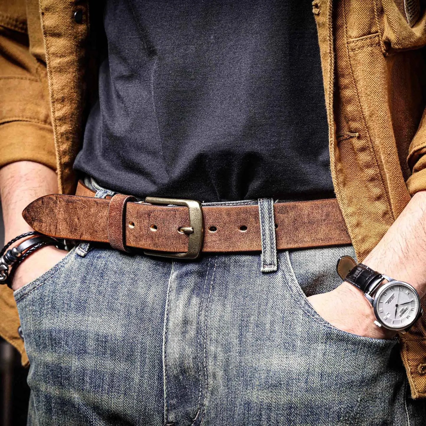 Jeans-Gürtel Herren Eckig Schnalle Echt Leder Gürtel Braun Breite Schnalle