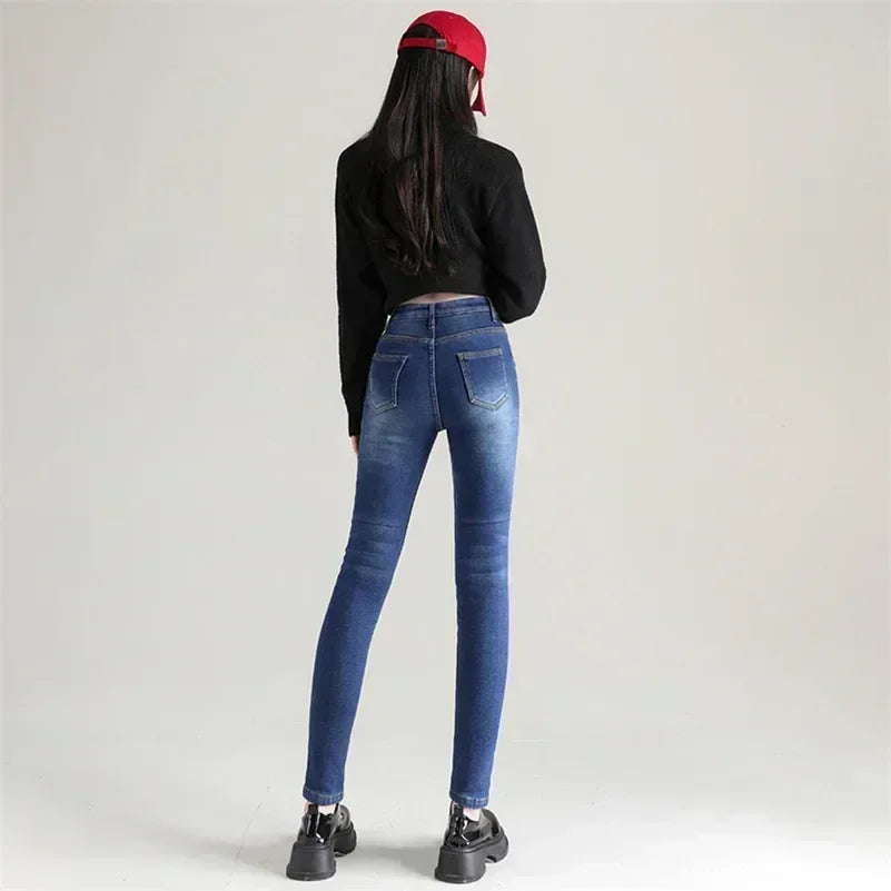 Damen Winter Warm Thermo Jeans Hose Innenfleece Stretch Hosen Leggins Denim