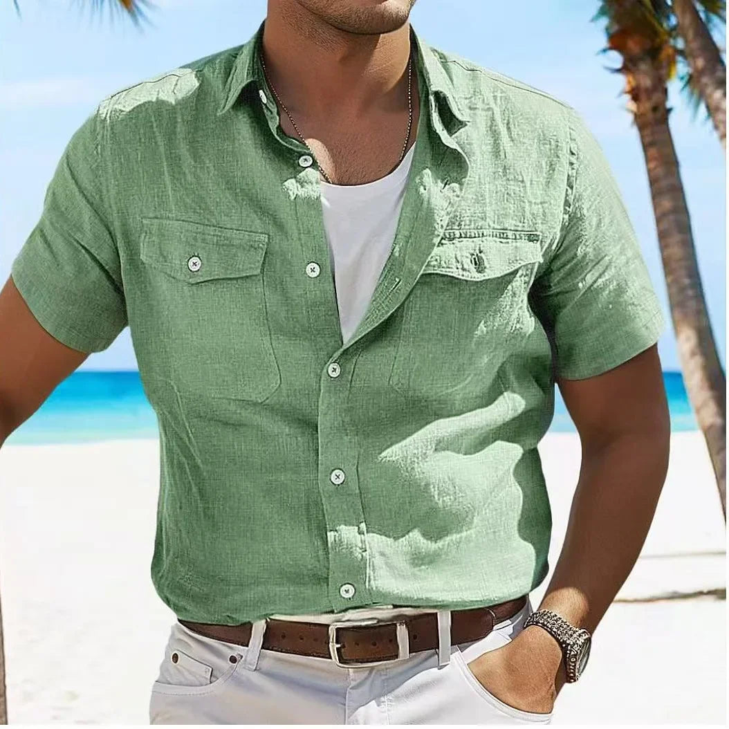 Herren Leinenhemd Poloshirt Langarm T-Shirt Leinen Hemd Polohemd Freizeithemd