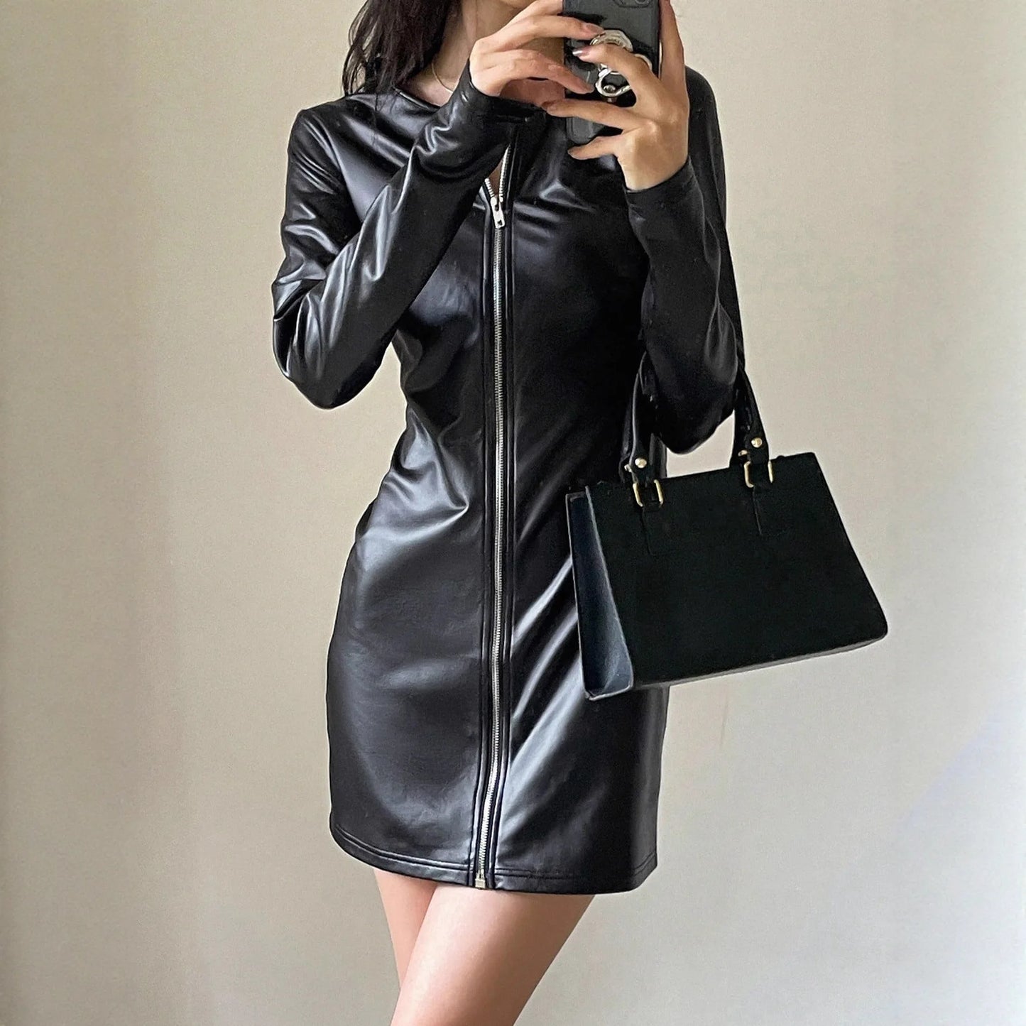 Damen Kleid PU Leder Partykleid Cocktail Abendkleid Sexy Clubwear Minikleid