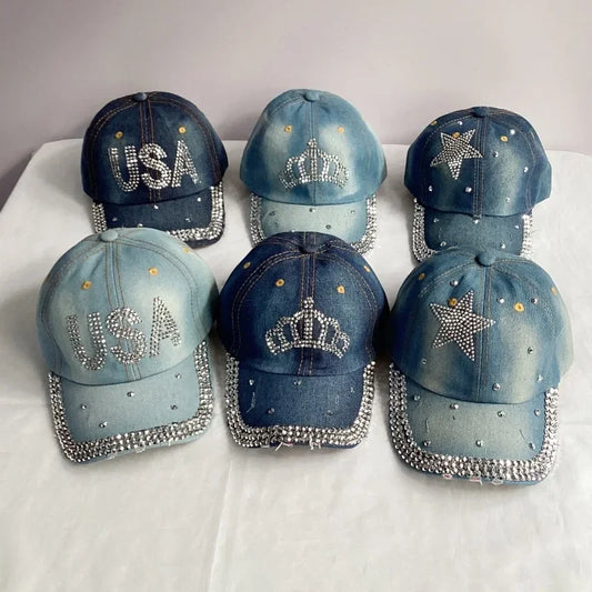 Jeans Basecap Cappy Denim Look Cap Kappe LOVE Strass gebogen Herren Damen