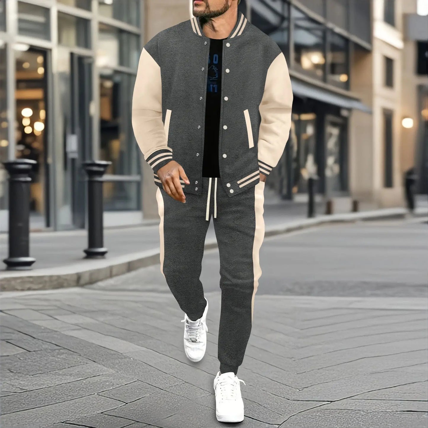 Vintage-Streetwear im Baseball-Stil im Herbst und Winter, farblich passende Patchwork-Jacke für Herren und konische Hose als trendige Kombi