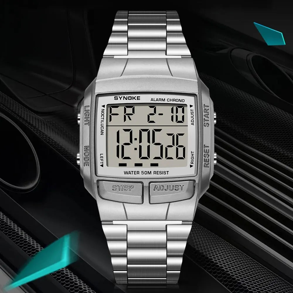 Herren Armbanduhr Digital Uhr Silber Edelstahl LED Quarzuhr Luxus Chronograph
