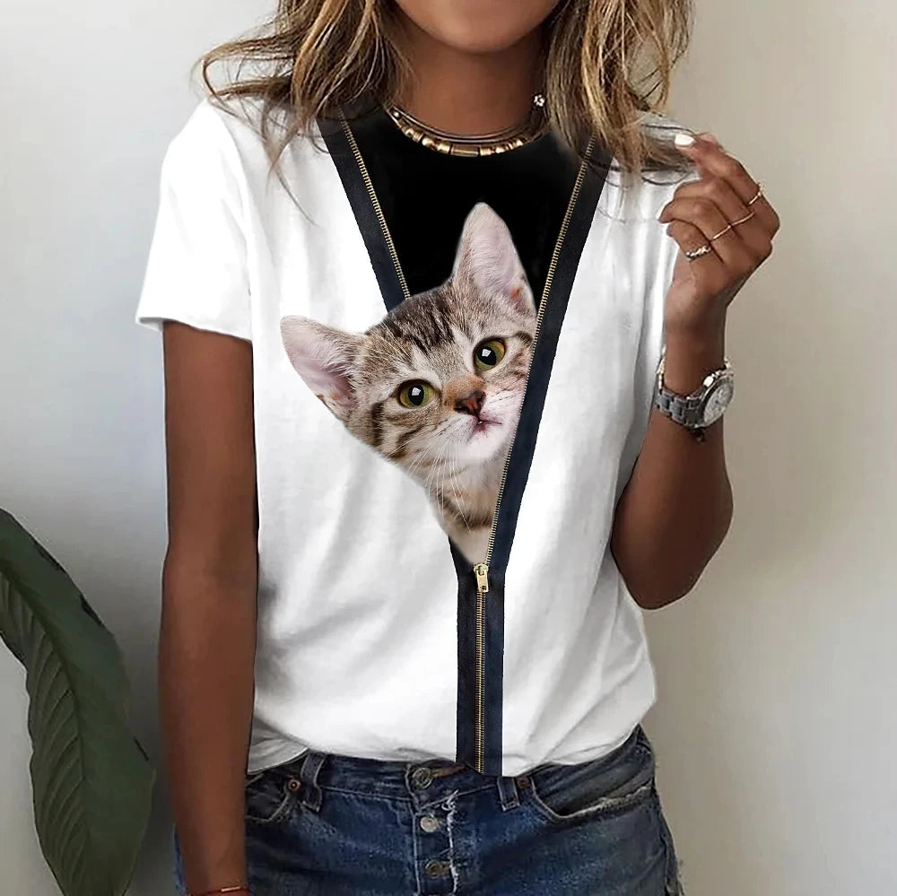 Damen T-Shirt Sommer Top Katzen Hemd Rundhals Streetwear lockeres Damentop