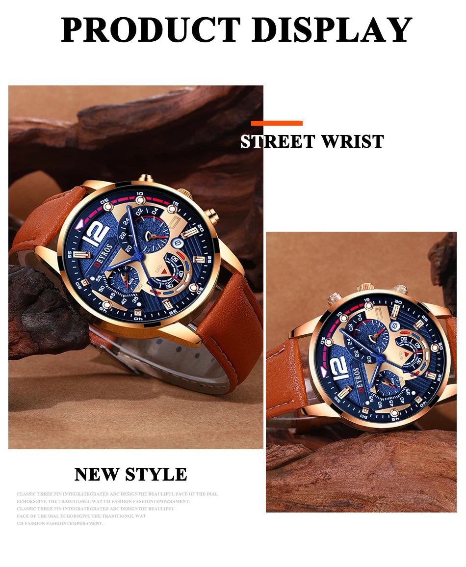 Stilvolle Herren Armbanduhr mit Kunstleder Armband Set Luxus Quarz Uhr
