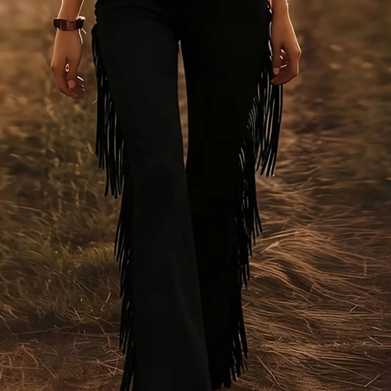 Sexy Damen Fashion Hose Kunst Lederhose Schlaghose Retro Western Flare Wildleder