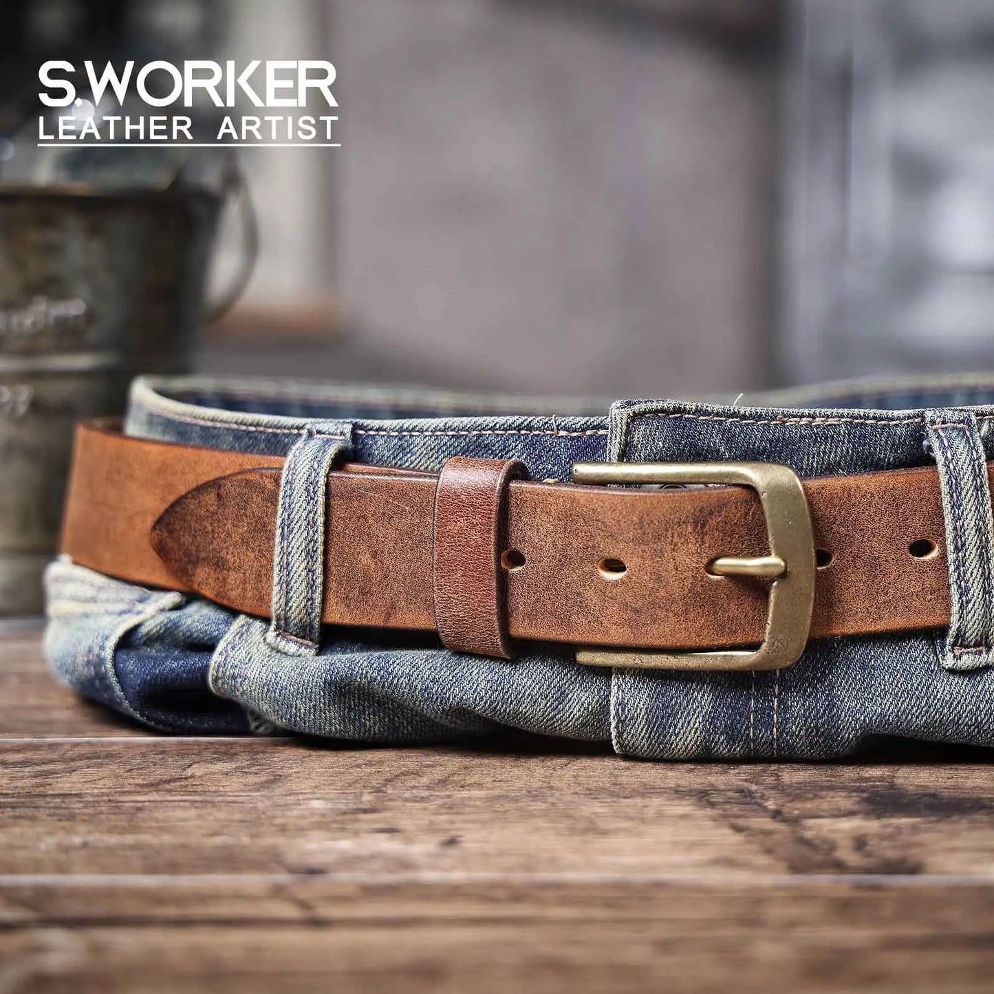 Jeans-Gürtel Herren Eckig Schnalle Echt Leder Gürtel Braun Breite Schnalle