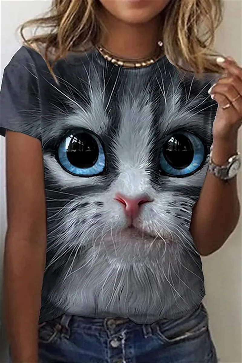 Damen T-Shirt Sommer Top Katzen Hemd Rundhals Streetwear lockeres Damentop