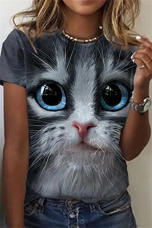 Damen T-Shirt Sommer Top Katzen Hemd Rundhals Streetwear lockeres Damentop