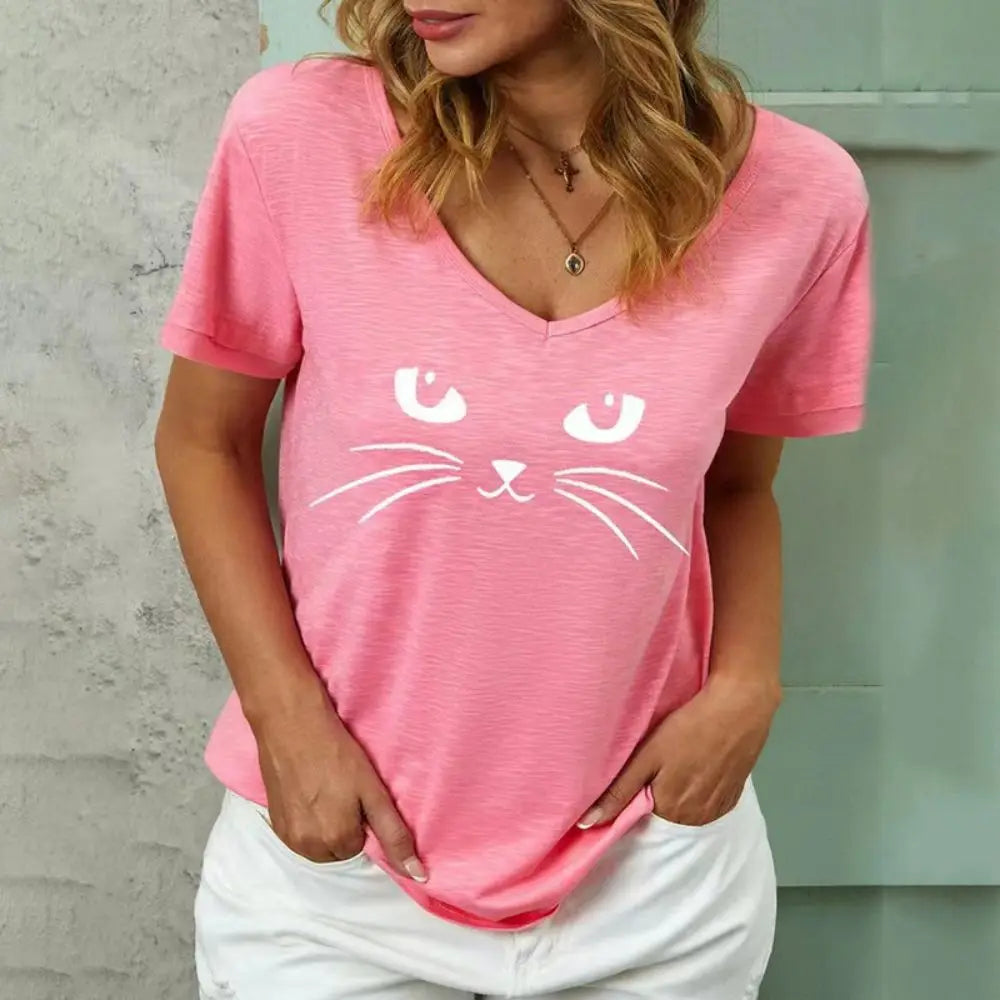 Damen Sommer Top Katzen T-Shirt Rundhals Streetwear Bluse Damentop Mädchen