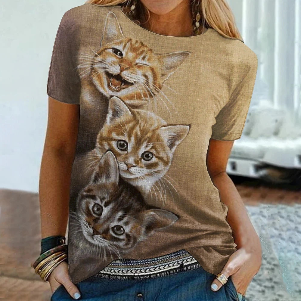 Damen T-Shirt Sommer Top Katzen Hemd Rundhals Streetwear lockeres Damentop