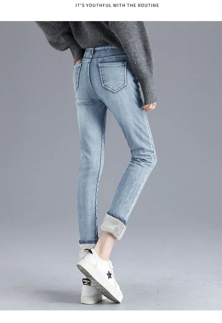 Damen Winter Warm Thermo Jeans Hose Innenfleece Stretch Hosen Leggins Denim