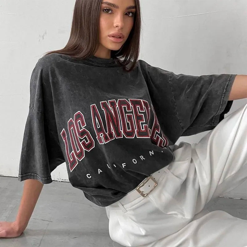Damen Sommer Top Los Angeles T-Shirt Rundhals Streetwear lockeres Damentop
