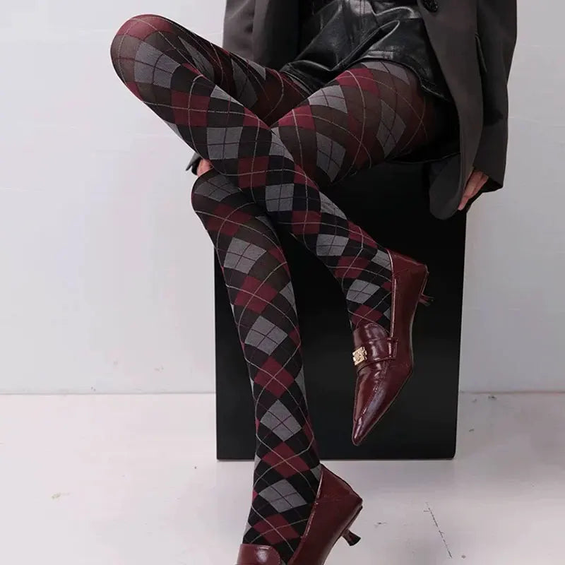 Damen Strumpfhose Karo Strümpfe Oberschenkelhoch Retro JK Style Sexy Dessous