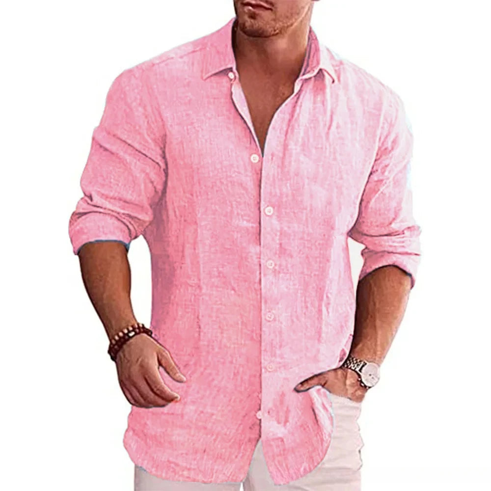 Herren Poloshirt Leinenhemd Langarm T-Shirt Leinen Hemd Polohemd Freizeithemd