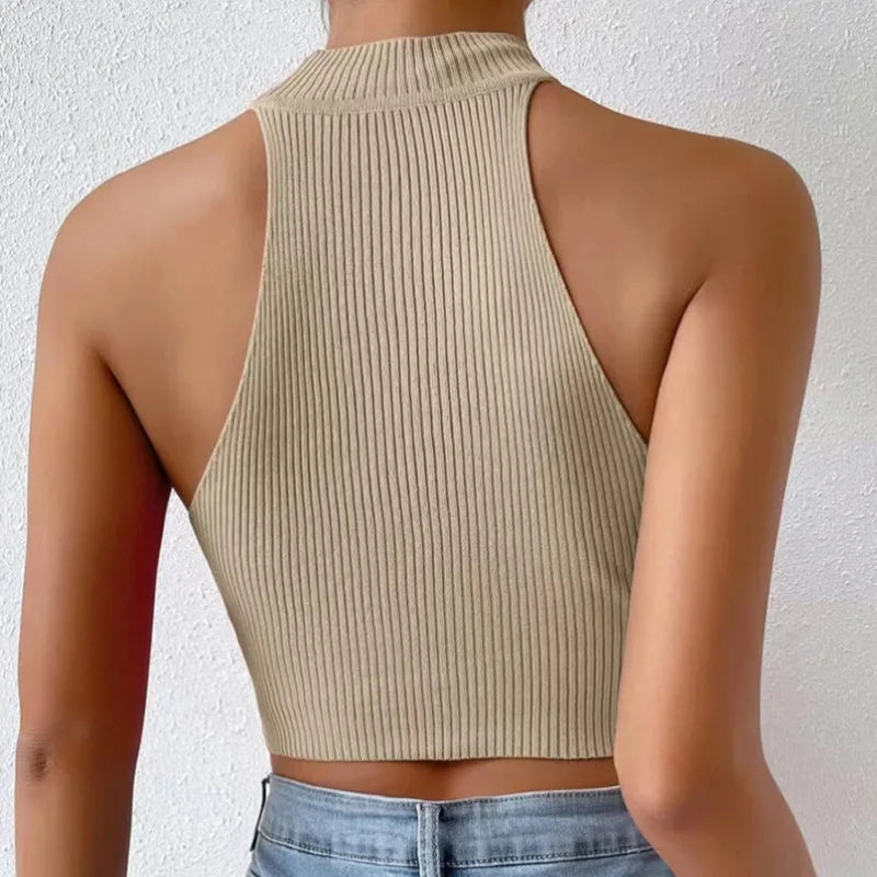 Gestrickte ärmellose Neckholder-Top Damen Tank Top Shirt Trägertop Oberteil