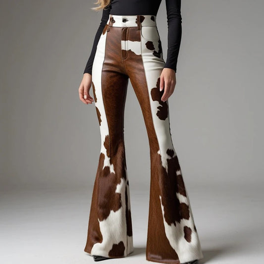 Sexy Damen Fashion Hose Kunst Lederhose Schlaghose Retro Western Flare Kuhmuster