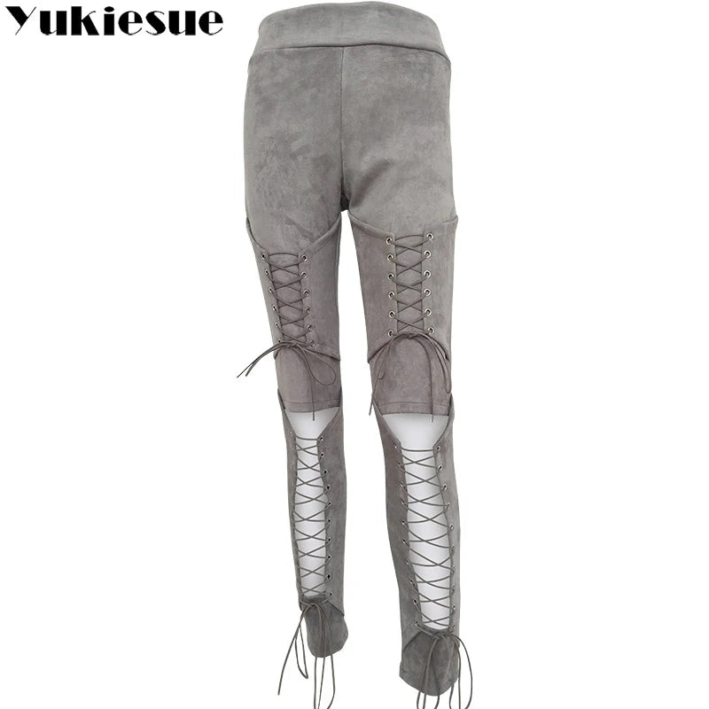 Damen Velour Kunstleder Leggings Bandage Hose Stretch Leggins Sexy Bleistift