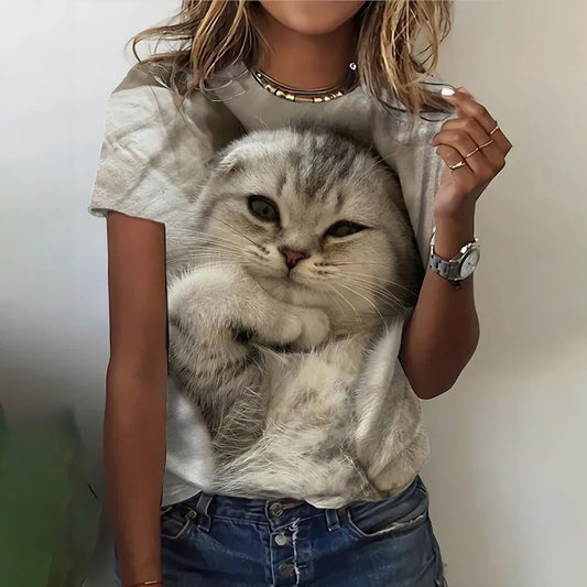 Damen Sommer Top 3D Katzen T-Shirt Rundhals Streetwear lockeres Damentop
